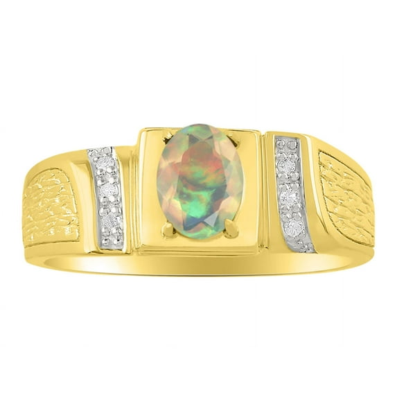Rylos 925 Yellow Gold Plated Silver Classic 8X6MM Oval Opal African & Sparkling Diamond Ring - Birthstone Jewelry for Men -Size 12
