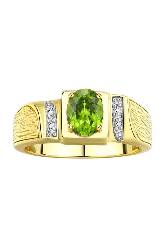 925 Yellow Gold Plated Silver Classic 8X6MM Oval Peridot & Sparkling Diamond Ring - Birthstone Jewelry for Men -Size 13