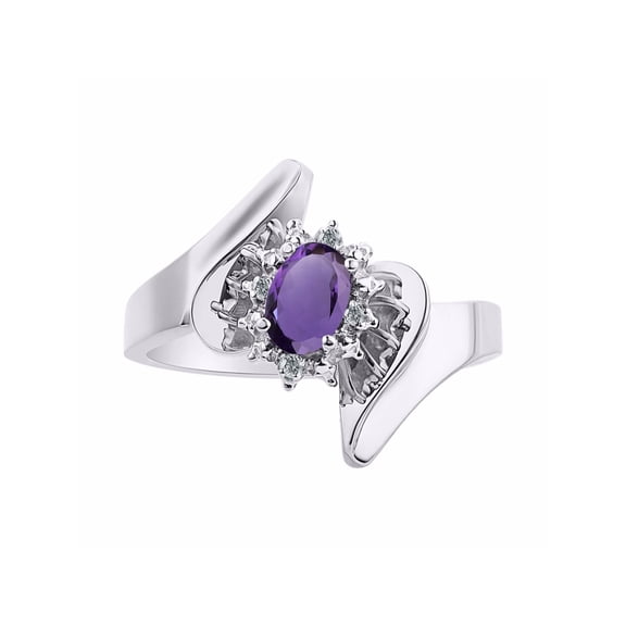 Rylos Floral Designer Ring with 6X4MM Oval Gemstone & Sparkling Diamonds in Sterling Silver- Birthstone Amethyst Jewelry Size 5