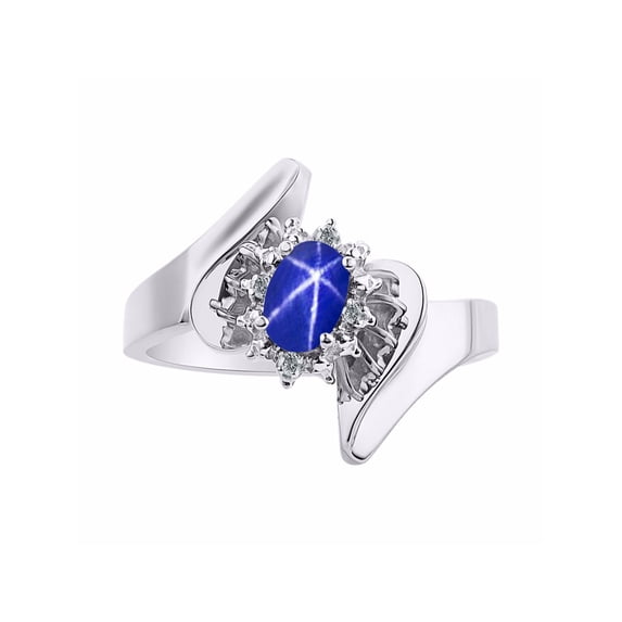 Rylos Floral Designer Ring with 6X4MM Oval Gemstone & Sparkling Diamonds in Sterling Silver- Birthstone Blue Star Sapphire Jewelry Size 7