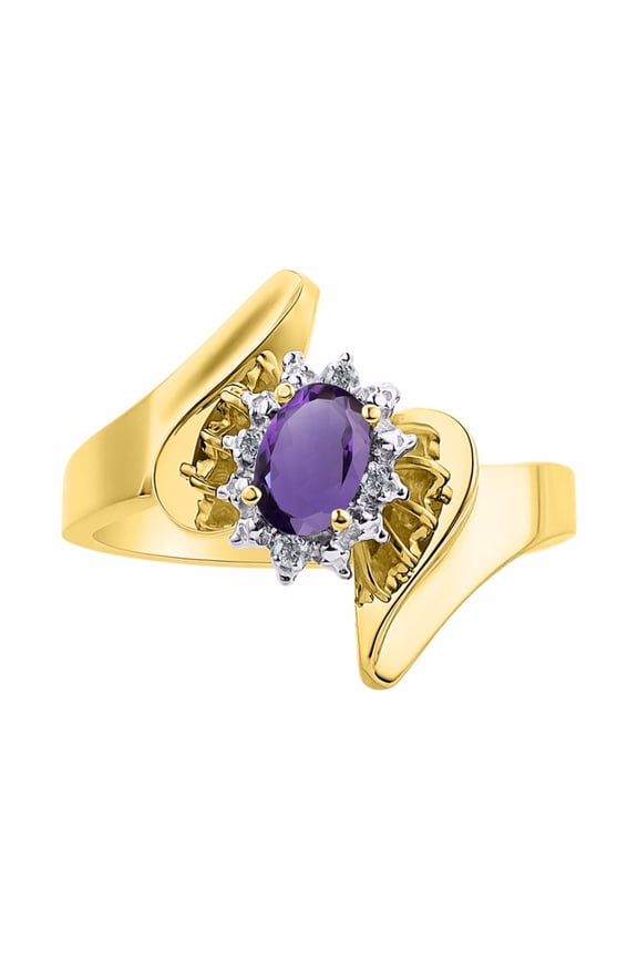 Floral Designer Ring with 6X4MM Oval Gemstone & Sparkling Diamonds in Yellow Gold Plated Silver- Birthstone Amethyst Jewelry Size 5