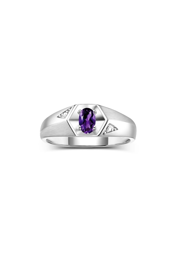 Sterling Silver Classic 6X4MM Oval Amethyst & Diamond Ring - Birthstone Jewelry for Men -Size 13