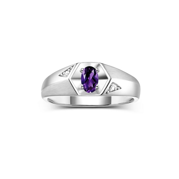 Rylos Sterling Silver Classic 6X4MM Oval Amethyst & Diamond Ring - Birthstone Jewelry for Men -Size 8