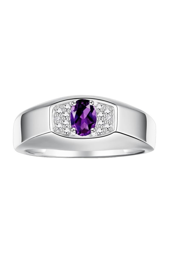 Sterling Silver Classic 6X4MM Oval Amethyst & Sparkling Diamond Ring - Birthstone Jewelry for Men -Size 9