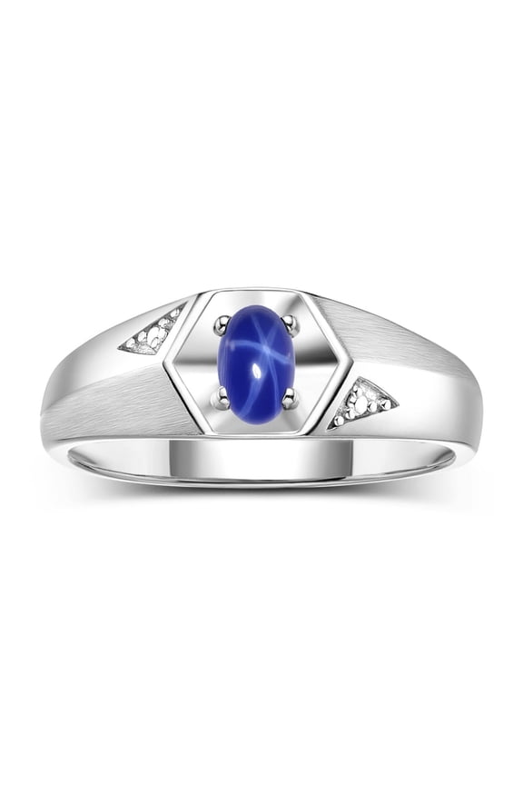 Sterling Silver Classic 6X4MM Oval Blue Star Sapphire & Diamond Ring - Birthstone Jewelry for Men -Size 8