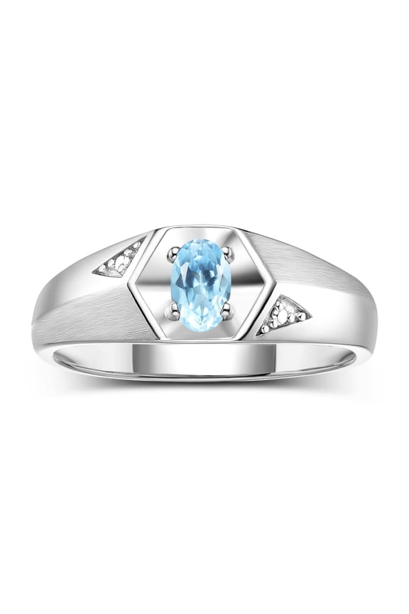 Sterling Silver Classic 6X4MM Oval Blue Topaz & Diamond Ring - Birthstone Jewelry for Men -Size 10