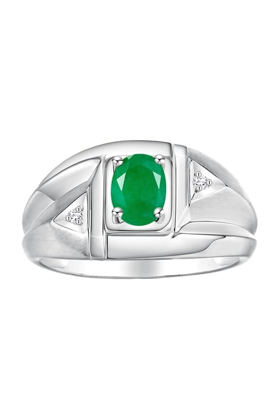 Sterling Silver Classic 6X4MM Oval Emerald & Sparkling Diamond Ring - Birthstone Jewelry for Men -Size 10