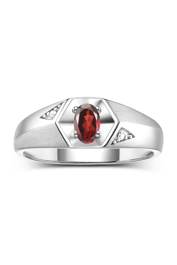 Sterling Silver Classic 6X4MM Oval Garnet & Diamond Ring - Birthstone Jewelry for Men -Size 10