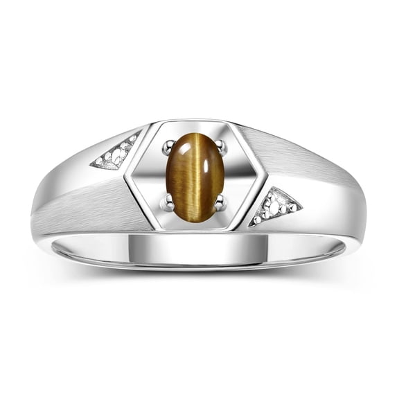 Rylos Sterling Silver Classic 6X4MM Oval Tiger Eye & Diamond Ring - Birthstone Jewelry for Men -Size 11