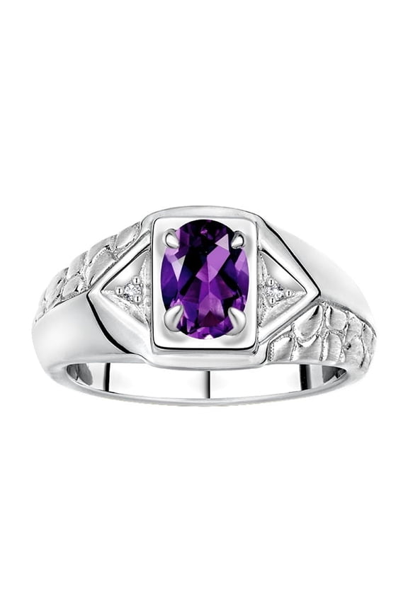Sterling Silver Classic 7X5MM Oval Amethyst & Sparkling Diamond Ring - Birthstone Jewelry for Men -Size 8