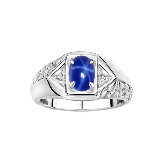 Rylos Sterling Silver Classic 7X5MM Oval Blue Star Sapphire & Sparkling Diamond Ring - Birthstone Jewelry for Men -Size 9