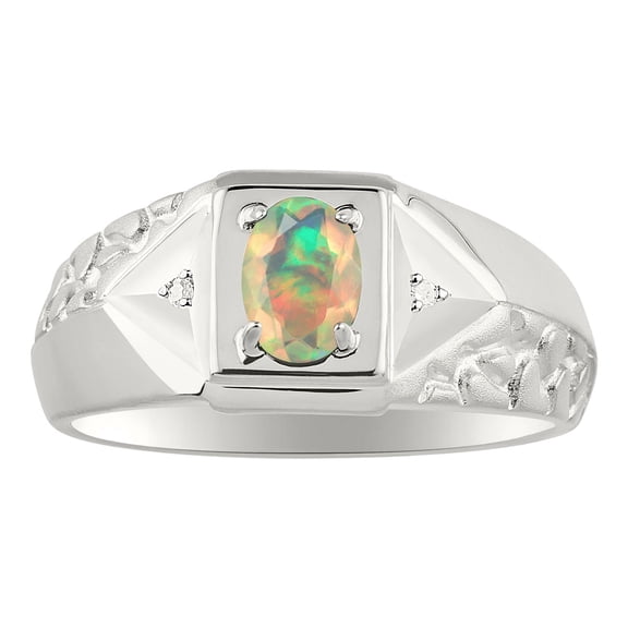 Rylos Sterling Silver Classic 7X5MM Oval Opal African & Sparkling Diamond Ring - Birthstone Jewelry for Men -Size 8