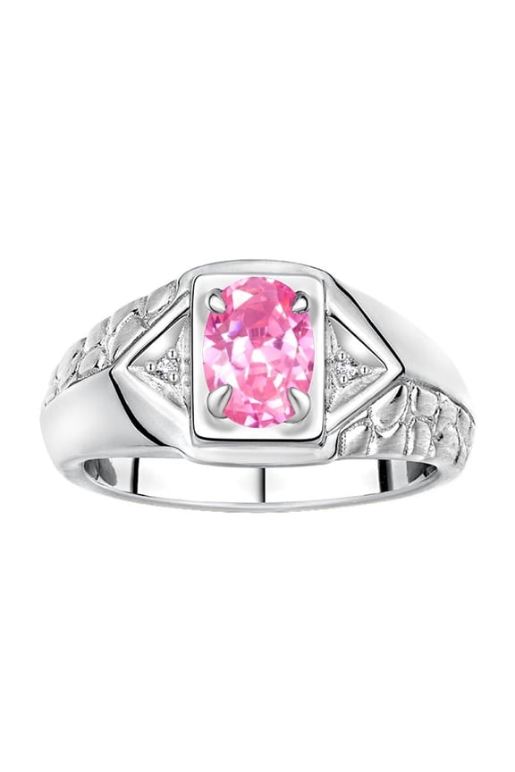 Sterling Silver Classic 7X5MM Oval Pink Ice & Sparkling Diamond Ring - Birthstone Jewelry for Men -Size 8