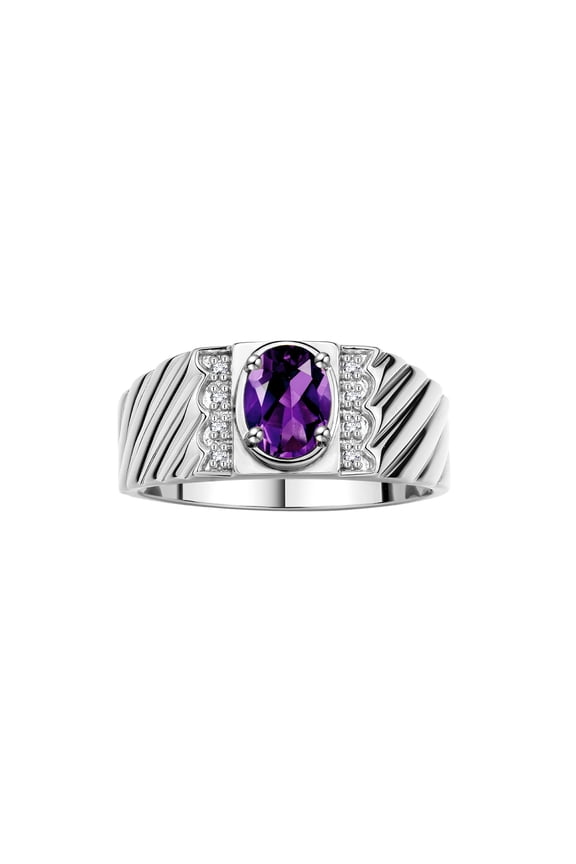 Sterling Silver Classic 8X6MM Oval Amethyst & Sparkling Diamond Ring - Birthstone Jewelry for Men -Size 9