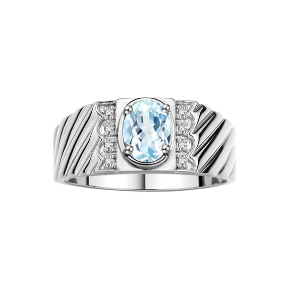 Rylos Sterling Silver Classic 8X6MM Oval Aquamarine & Sparkling Diamond Ring - Birthstone Jewelry for Men -Size 8
