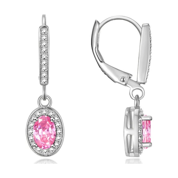 Rylos Sterling Silver Dangling Earrings - 6X4MM Oval Pink Ice & Sparkling Diamonds - Exquisite Birthstone Jewelry