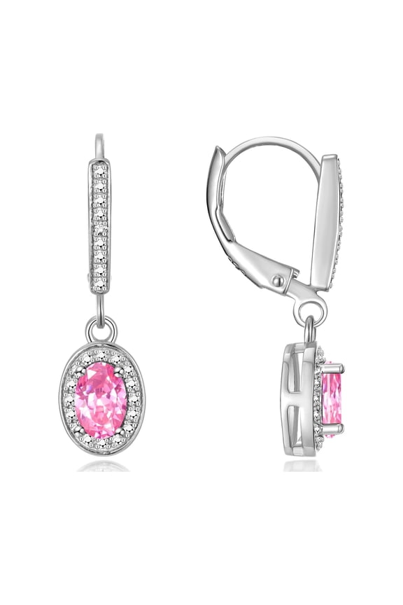 Sterling Silver Dangling Earrings - 6X4MM Oval Pink Ice & Sparkling Diamonds - Exquisite Birthstone Jewelry