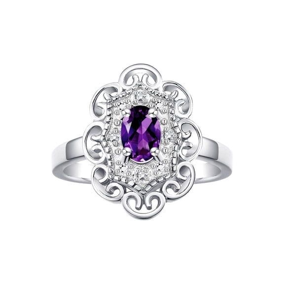 Rylos Sterling Silver Floral Designer Ring with 6x4 MM Oval Amethyst & Sparkling Diamonds - Birthstone Jewelry for Women -Size 5