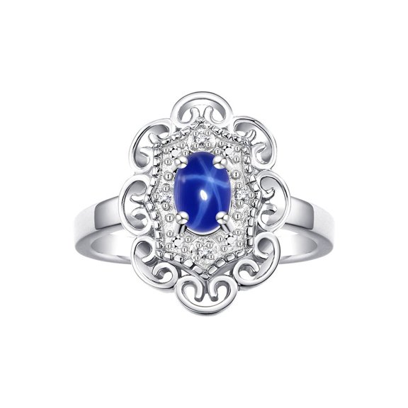 Rylos Sterling Silver Floral Designer Ring with 6x4 MM Oval Blue Star Sapphire & Sparkling Diamonds - Birthstone Jewelry for Women -Size 6