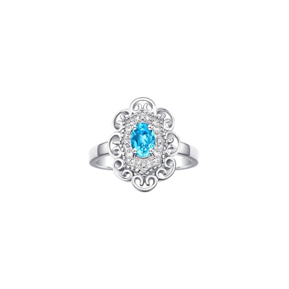 Rylos Sterling Silver Floral Designer Ring with 6x4 MM Oval Blue Topaz & Sparkling Diamonds - Birthstone Jewelry for Women -Size 7