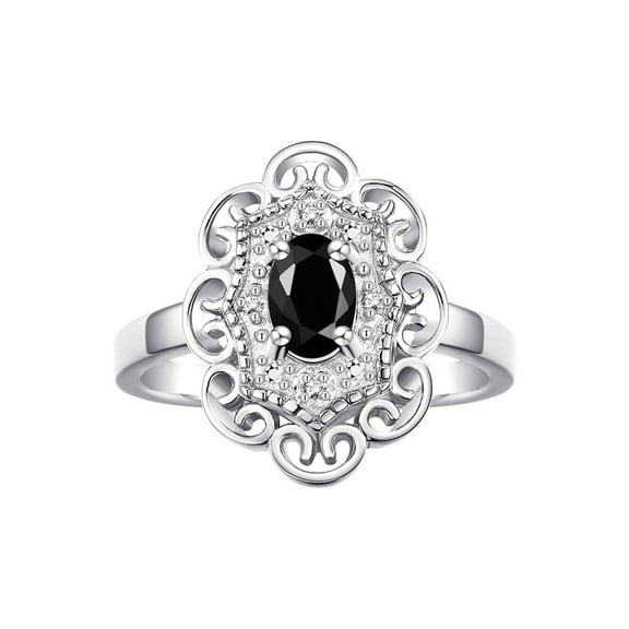 Rylos Sterling Silver Floral Designer Ring with 6x4 MM Oval Faceted Onyx & Sparkling Diamonds - Birthstone Jewelry for Women -Size 7