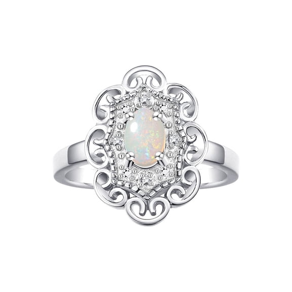 Rylos Sterling Silver Floral Designer Ring with 6x4 MM Oval Opal & Sparkling Diamonds - Birthstone Jewelry for Women -Size 6