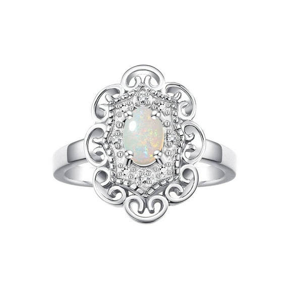 Rylos Sterling Silver Floral Designer Ring with 6x4 MM Oval Opal & Sparkling Diamonds - Birthstone Jewelry for Women -Size 6