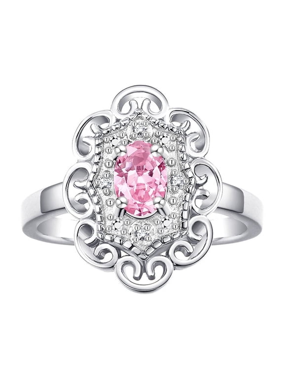 Sterling Silver Floral Designer Ring with 6x4 MM Oval Pink Ice & Sparkling Diamonds - Birthstone Jewelry for Women -Size 5