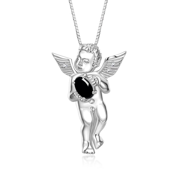 Rylos Sterling Silver Guardian Angel Necklace with 6X4MM Cabochon Onyx & Sparkling Diamonds - 18" Chain Exquisite Birthstone Jewelry
