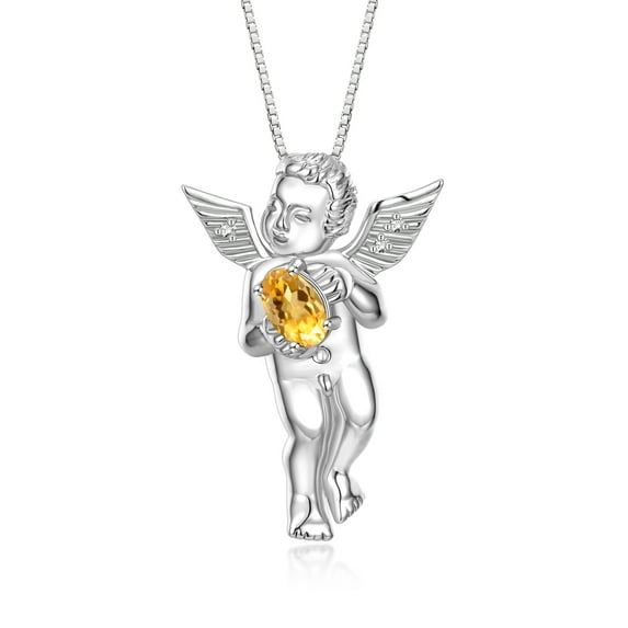 Rylos Sterling Silver Guardian Angel Necklace with 6X4MM Citrine & Sparkling Diamonds - 18" Chain Exquisite Birthstone Jewelry
