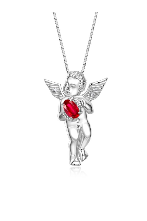 Sterling Silver Guardian Angel Necklace with 6X4MM Ruby & Sparkling Diamonds -  18" Chain Exquisite Birthstone Jewelry