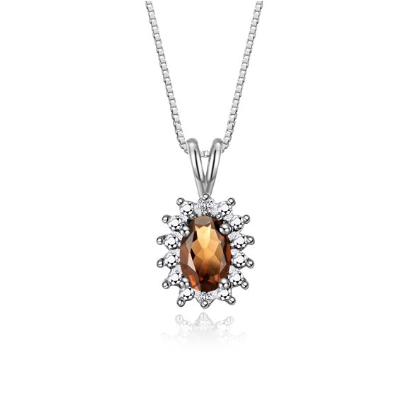 Rylos Sterling Silver Halo Pendant Necklace: 6X4MM Smoky Quartz & Sparkling Diamonds -  18" Chain Exquisite Birthstone Jewelry