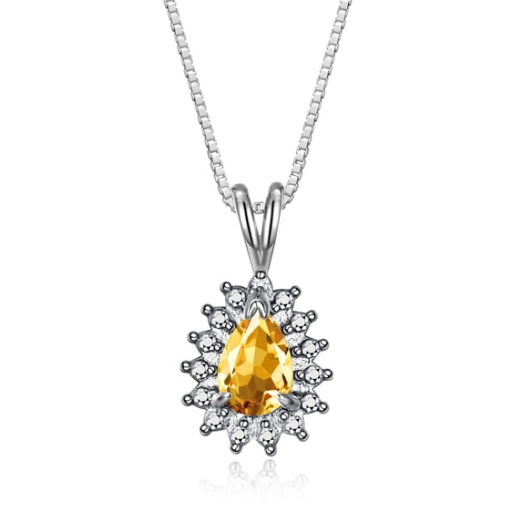Rylos Sterling Silver Halo Pendant Necklace: 6X4MM Tear Drop / Pear Shape Citrine & Sparkling Diamonds - 18" Chain Exquisite Birthstone Jewelry