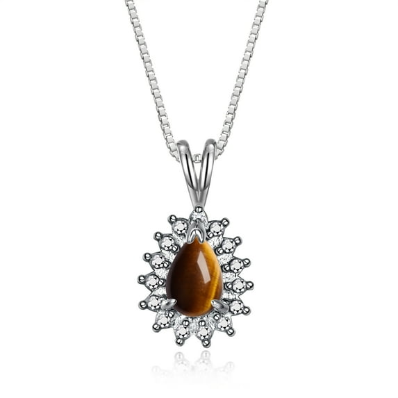 Rylos Sterling Silver Halo Pendant Necklace: 6X4MM Tear Drop / Pear Shape Tiger Eye & Sparkling Diamonds - 18" Chain Exquisite Birthstone Jewelry