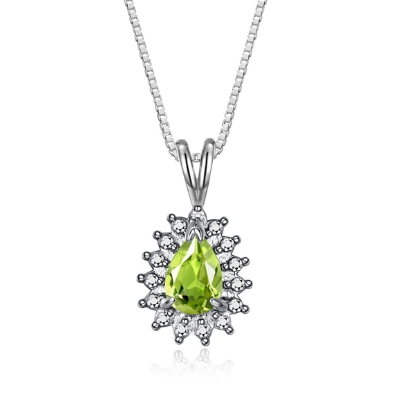 Rylos Sterling Silver Halo Pendant Necklace: 6X4MM Tear Drop / Pear Shape Peridot & Sparkling Diamonds - 18" Chain Exquisite Birthstone Jewelry