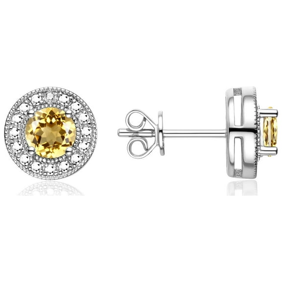 Rylos Sterling Silver Halo Stud Earrings - 4MM Round  Citrine & Sparkling Diamonds -  Exquisite Birthstone Jewelry