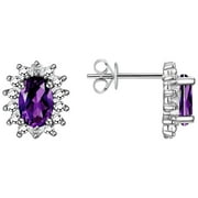 RYLOS Sterling Silver Halo Stud Earrings - 6X4MM Oval Amethyst & Diamonds - Exquisite Birthstone Jewelry
