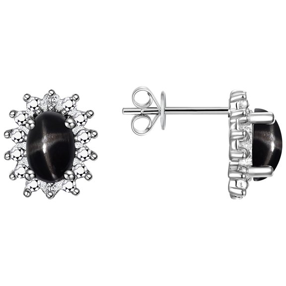 Rylos  Sterling Silver Halo Stud Earrings - 6X4MM Oval Black Star Sapphire & Diamonds - Exquisite Birthstone Jewelry