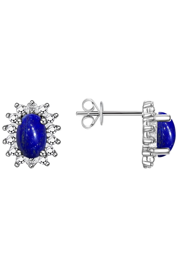 Sterling Silver Halo Stud Earrings - 6X4MM Oval Lapis & Diamonds - Exquisite Birthstone Jewelry
