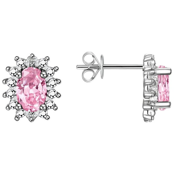 Rylos Sterling Silver Halo Stud Earrings - 6X4MM Oval Pink Ice & Diamonds - Exquisite Birthstone Jewelry