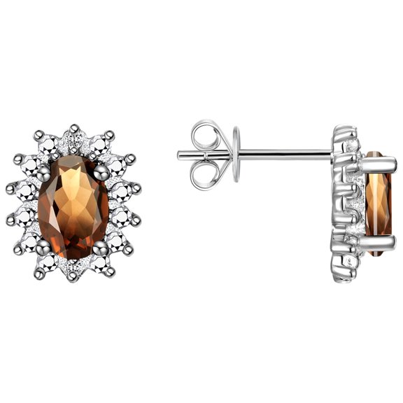 Rylos Sterling Silver Halo Stud Earrings - 6X4MM Oval Smoky Quartz & Diamonds - Exquisite Birthstone Jewelry
