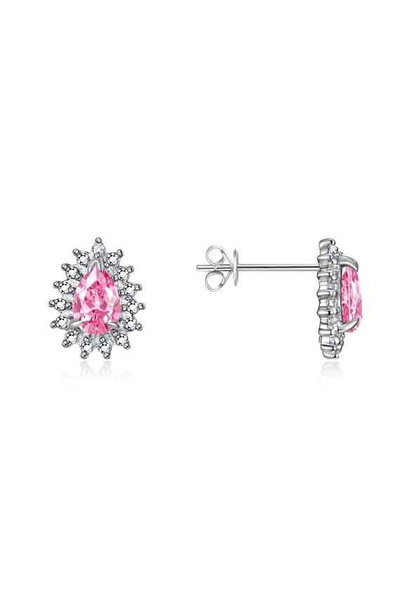 Sterling Silver Halo Stud Earrings - 6X4MM Pear Shape Pink Ice & Sparkling Diamonds -  Exquisite Birthstone Jewelry