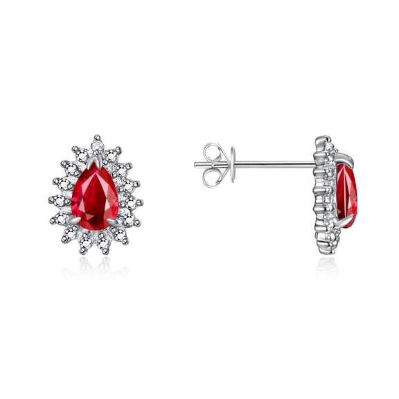 Rylos Sterling Silver Halo Stud Earrings - 6X4MM Pear Shape Ruby & Sparkling Diamonds - Exquisite Birthstone Jewelry