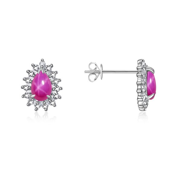 Rylos Sterling Silver Halo Stud Earrings - 6X4MM Pear Shape Star Ruby & Sparkling Diamonds - Exquisite Birthstone Jewelry