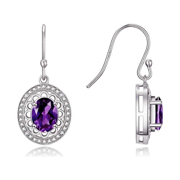 Rylos Sterling Silver Princess Diana Inspired Earrings - 8X6MM Oval Amethyst & Sparkling Diamonds -  Exquisite Birthstone Jewelry
