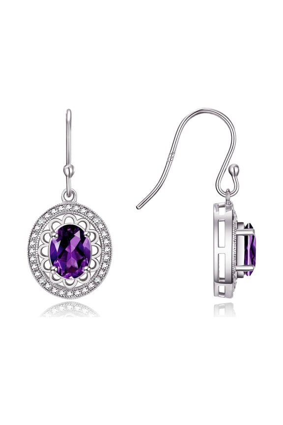 Sterling Silver Princess Diana Inspired Earrings - 8X6MM Oval Amethyst & Sparkling Diamonds - Exquisite Birthstone Jewelry