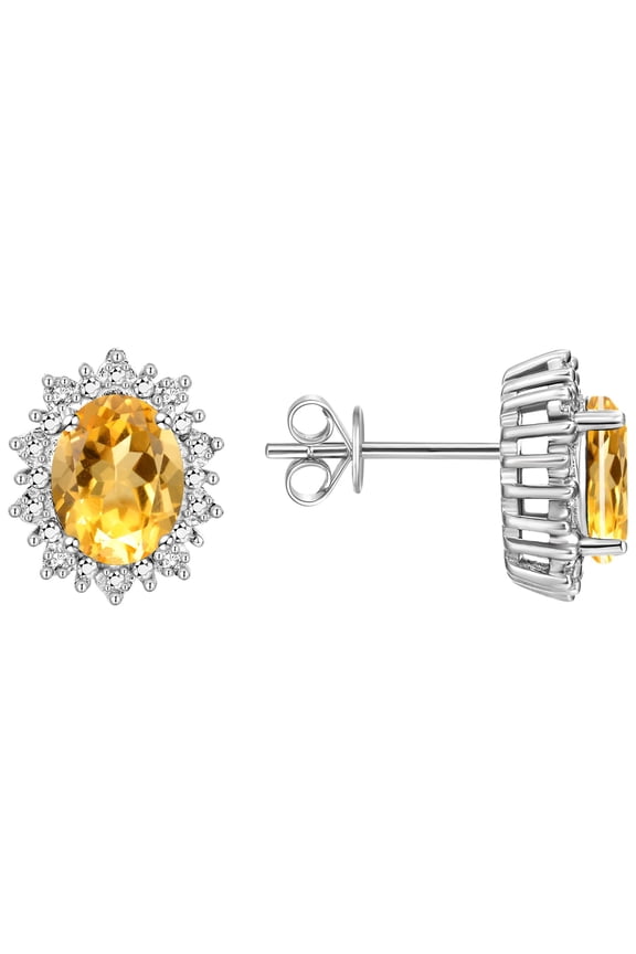 Sterling Silver Princess Diana Inspired Earrings - 8X6MM Oval Citrine & Sparkling Diamonds -  Exquisite Birthstone Jewelry for Women