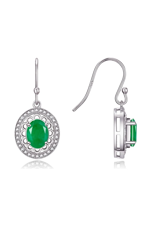 Sterling Silver Princess Diana Inspired Earrings - 8X6MM Oval Emerald & Sparkling Diamonds - Exquisite Birthstone Jewelry