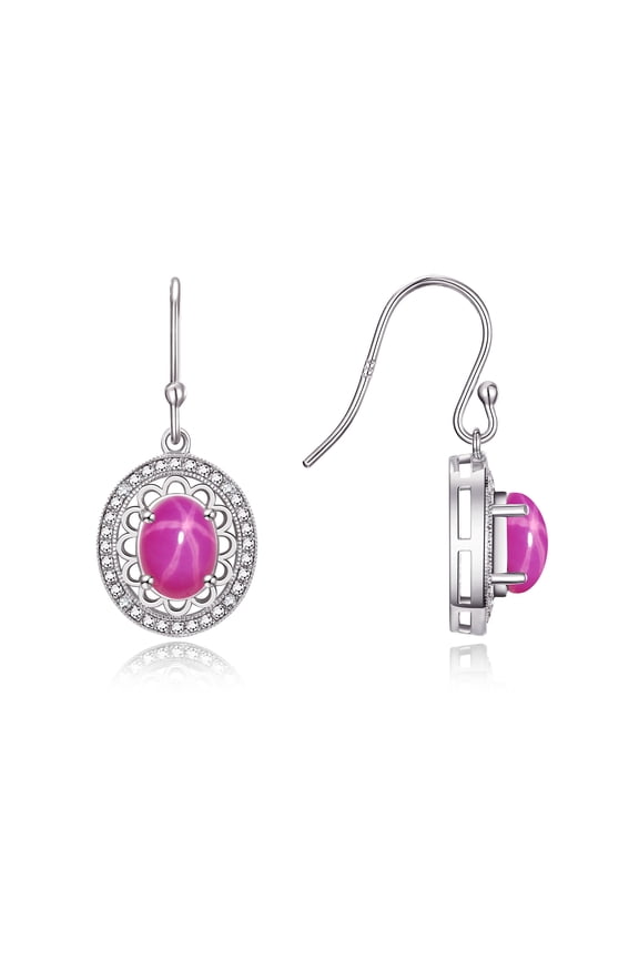 Sterling Silver Princess Diana Inspired Earrings - 8X6MM Oval Star Ruby & Sparkling Diamonds - Exquisite Birthstone Jewelry