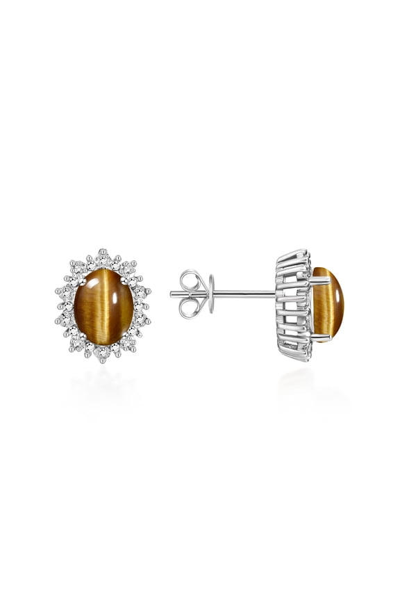Sterling Silver Princess Diana Inspired Earrings - 8X6MM Oval Tiger Eye & Sparkling Diamonds -  Exquisite Birthstone Jewelry for Women